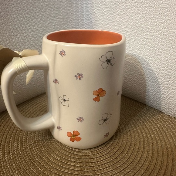 Rae Dunn Cream Mug with Orange Interior and Floral Design - Picture 2 of 6